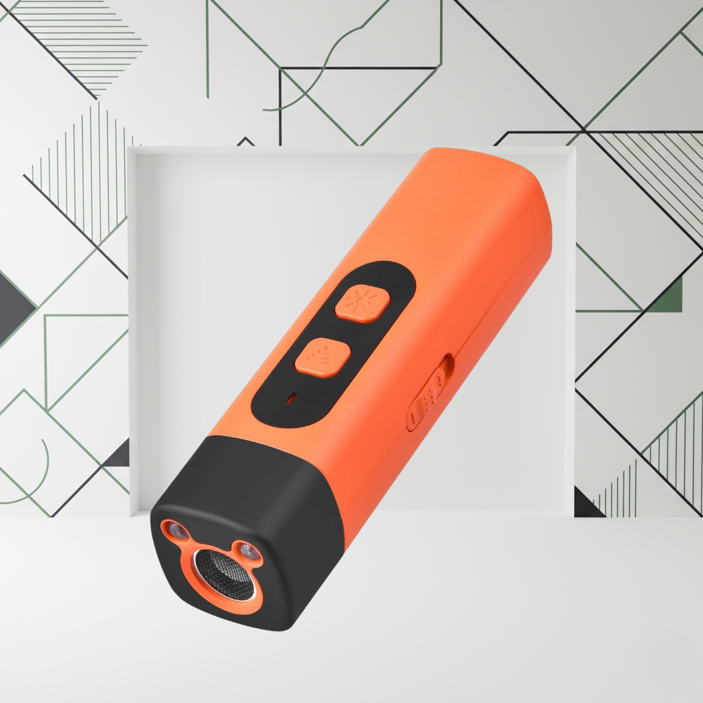 Ultrasonic bark inhibitor Gadget in vibrant orange color with control buttons for correcting dog behavior.