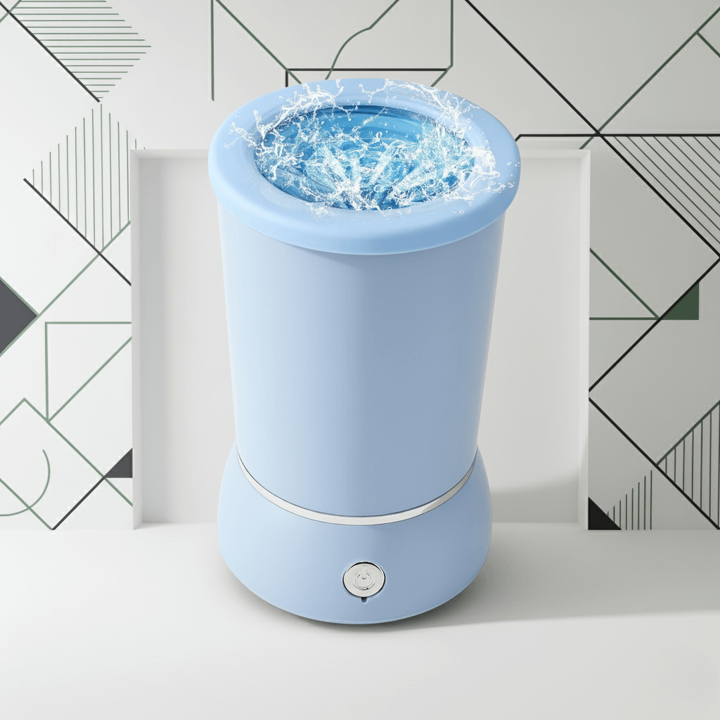 Dog cleaning pod portable gadget with swirling water, designed for quick and gentle cleaning of muddy paws.