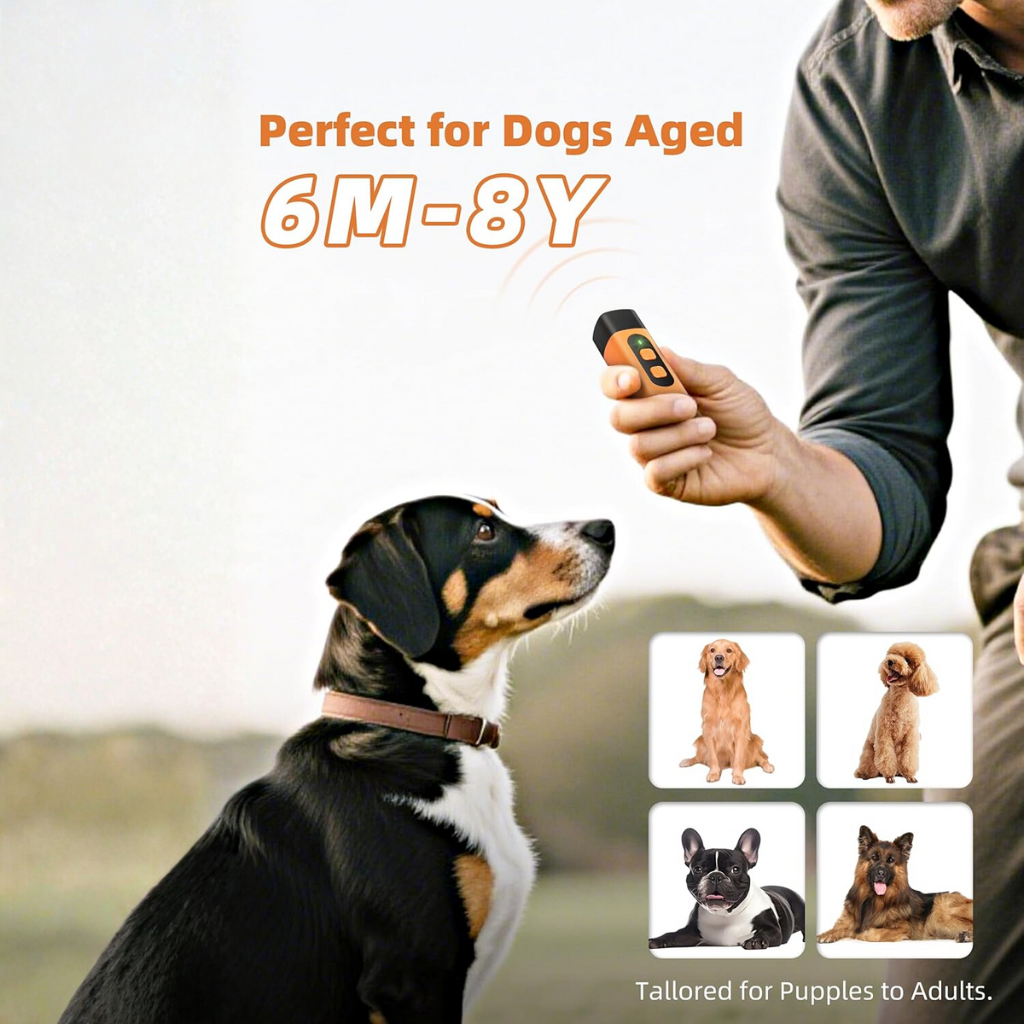 Ultrasonic bark inhibitor Gadget being used on a dog aged 6 months to 8 years outdoors.