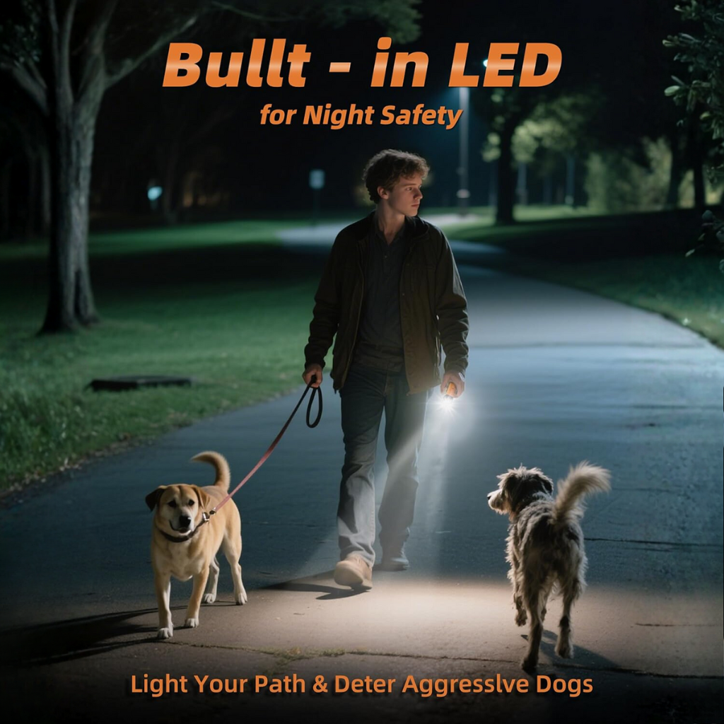 A person walking two dogs at night with a Bulllt-in LED light for safety and to deter aggressive dogs.