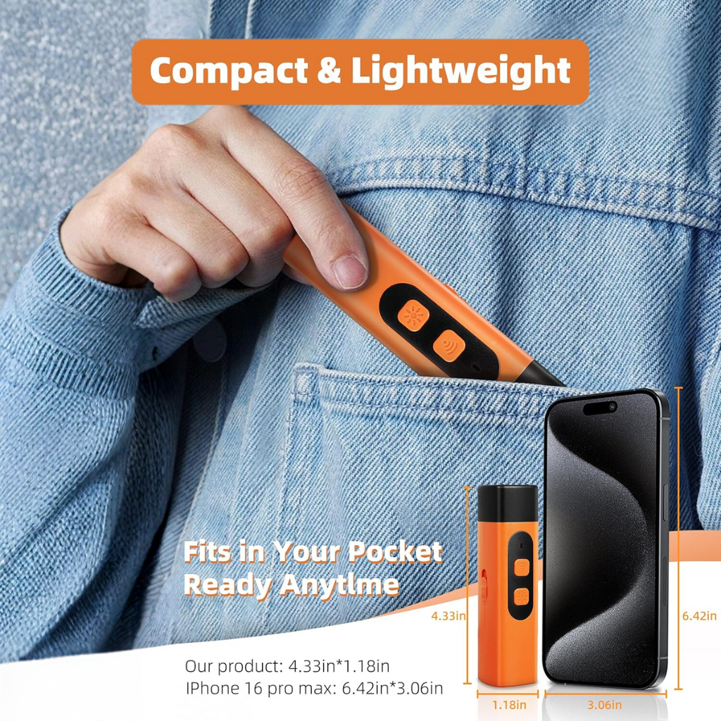 Ultrasonic bark inhibitor Gadget shown against a denim pocket, demonstrating its compact and lightweight design.