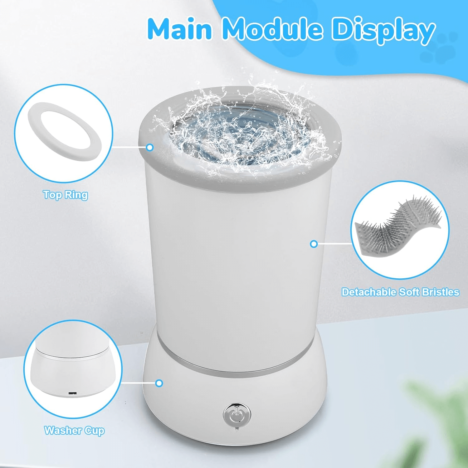 dog cleaning pod portable gadget with main module display, detachable soft bristles, and washer cup to keep pets clean.