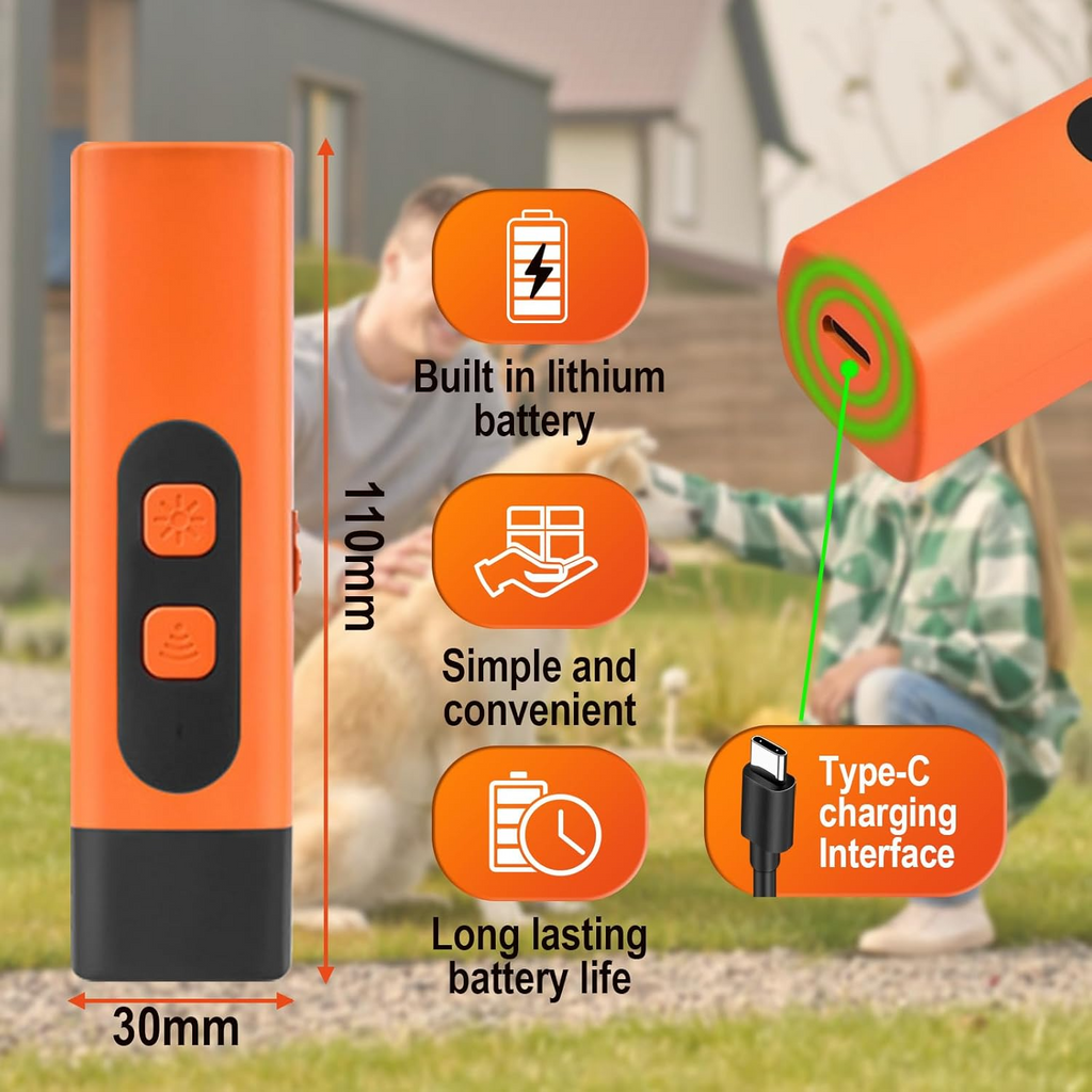 Ultrasonic bark inhibitor Gadget features a built-in lithium battery, Type-C charging, and simple controls for dog training.
