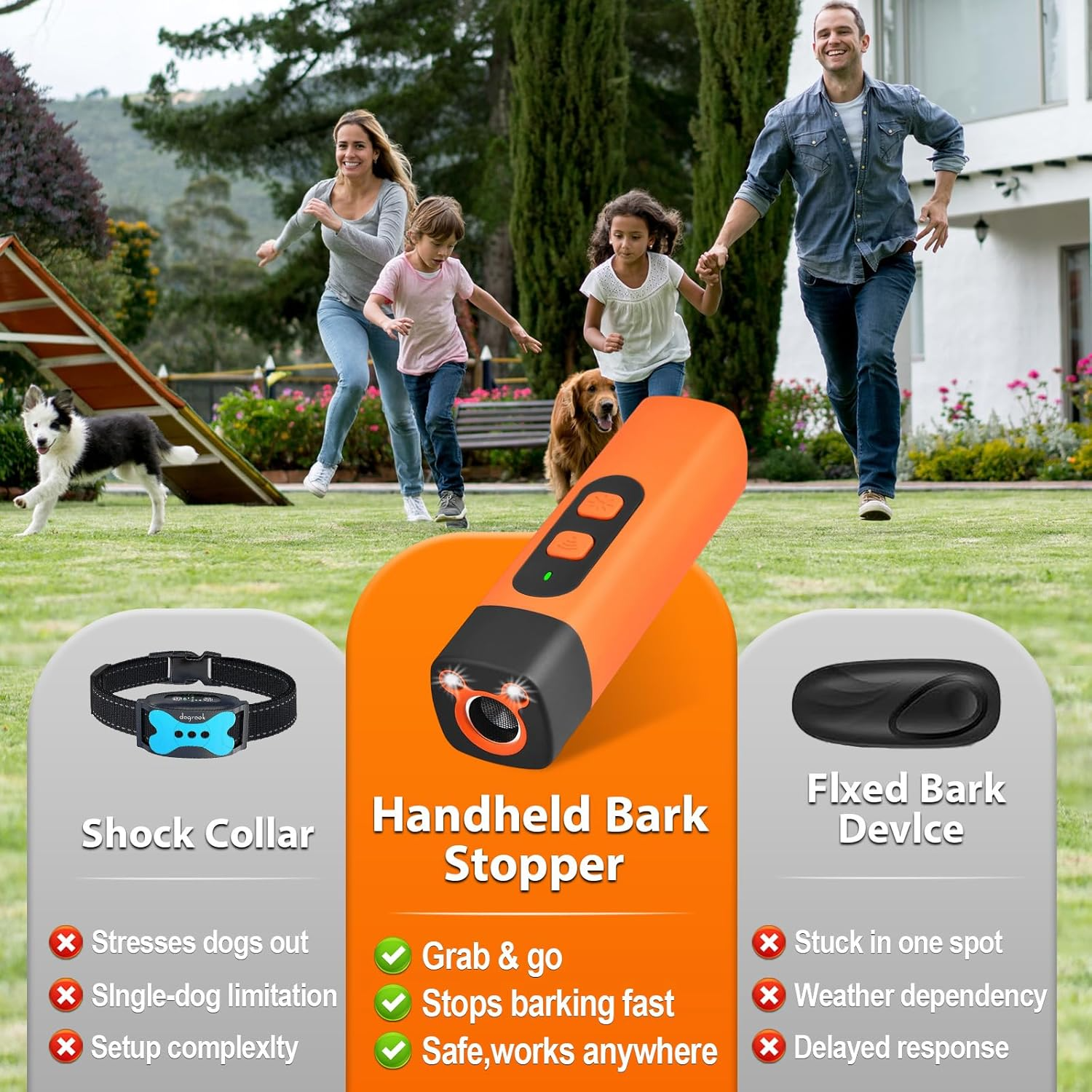 Ultrasonic bark inhibitor Gadget for correcting unwanted dog behavior safely and instantly while pet owners enjoy outdoor activities.